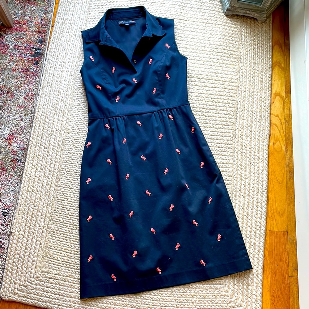 Brooks Brothers “346” Navy Blue w/ Pink Parrots Women's Casual Summer Dress Sz 0
